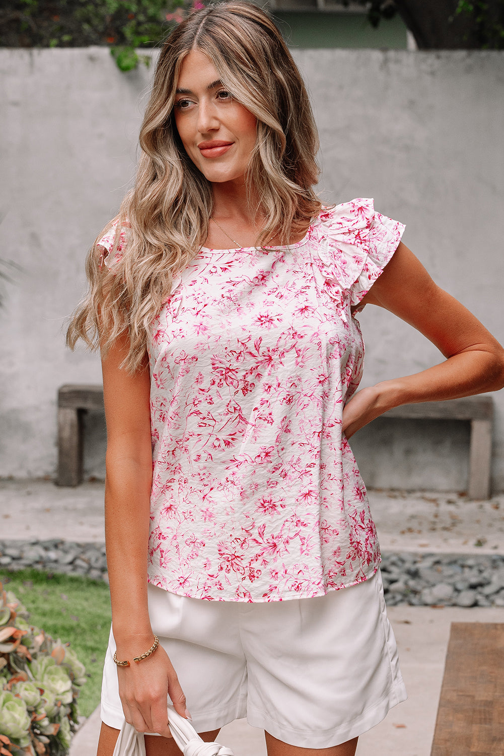 Floral Bow Back Ruffle Sleeve Blouse
