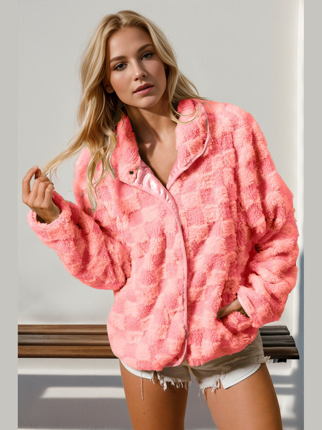 Women Double Take Checkered Long Sleeve Fuzzy Jacket