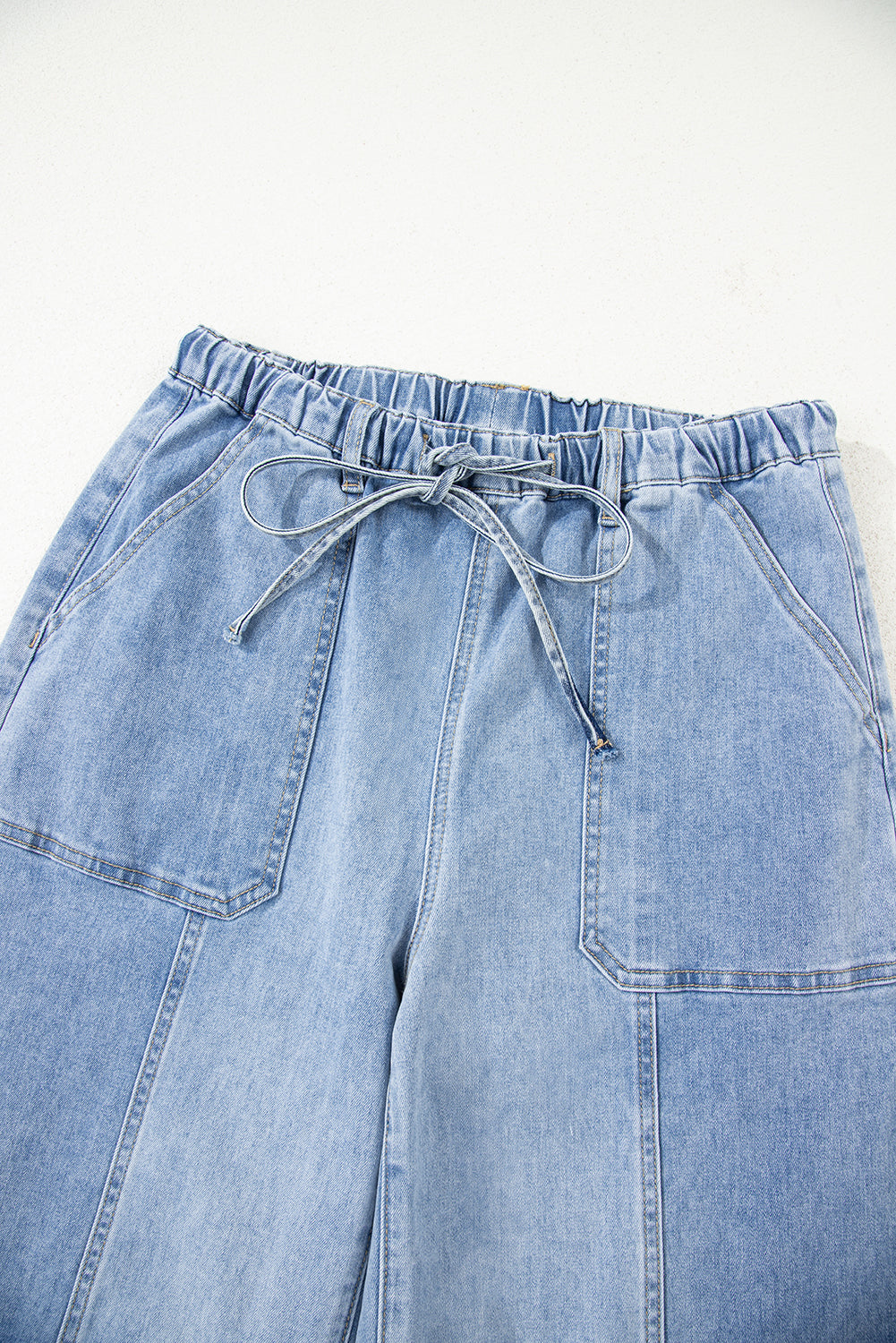 Denim Raw Hem Drawstring Wide Leg Pants