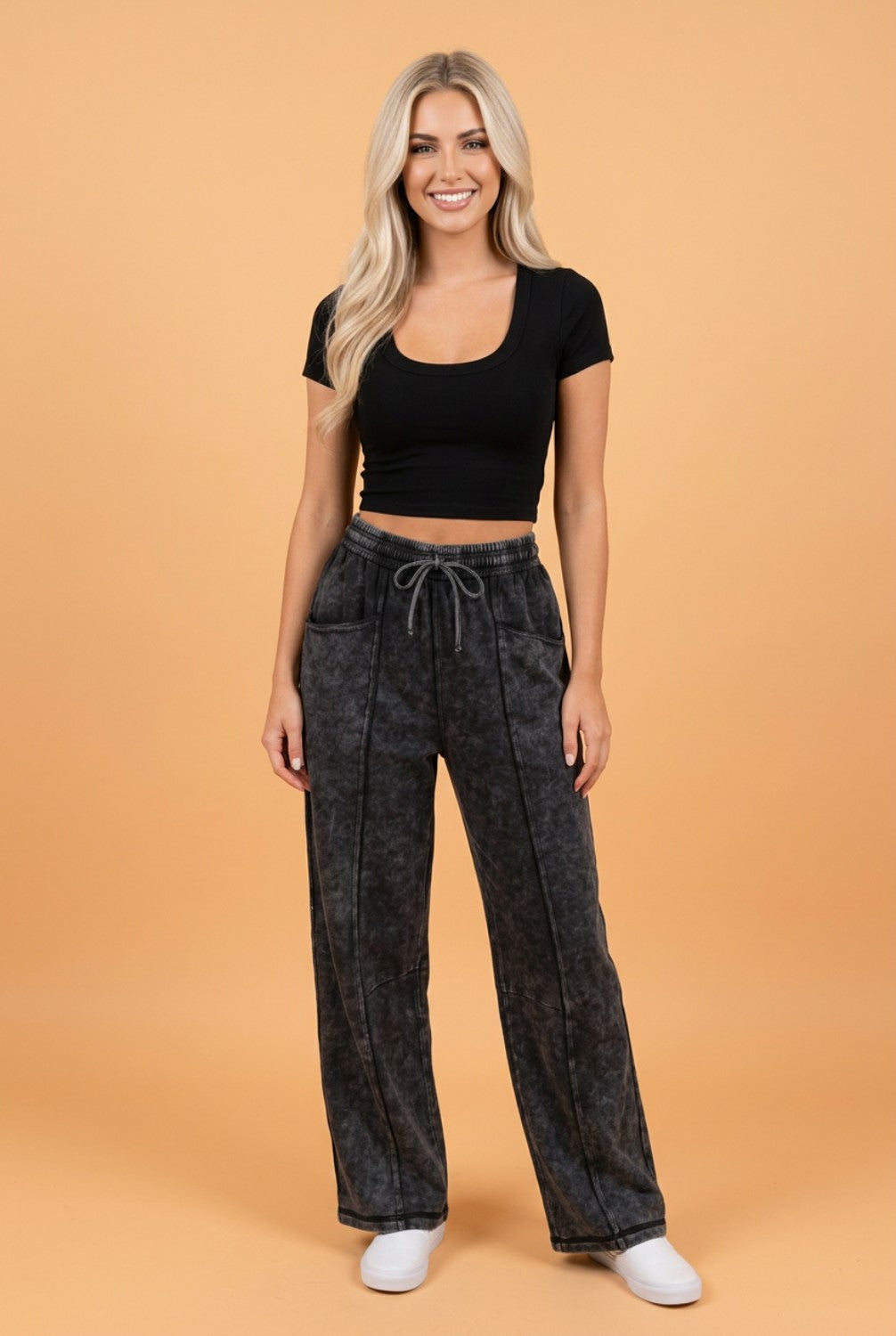 Mineral Wash Raw Seam Drawstring Waist Barrel Pants