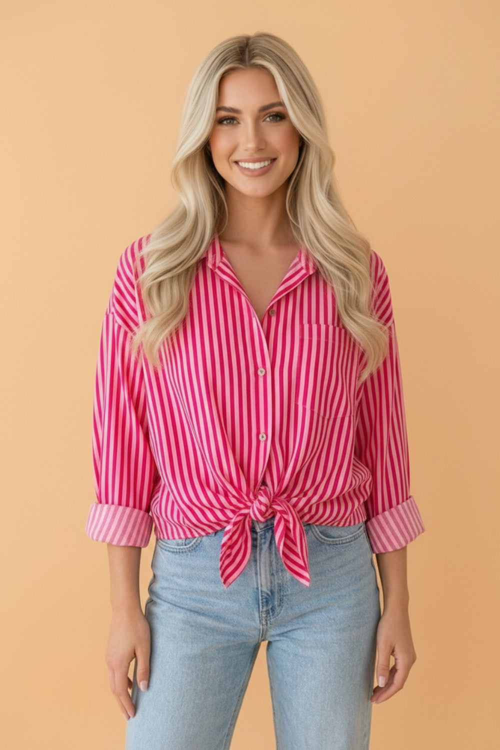 Stripe Patch Pocket Button-Up Long Sleeve Blouse