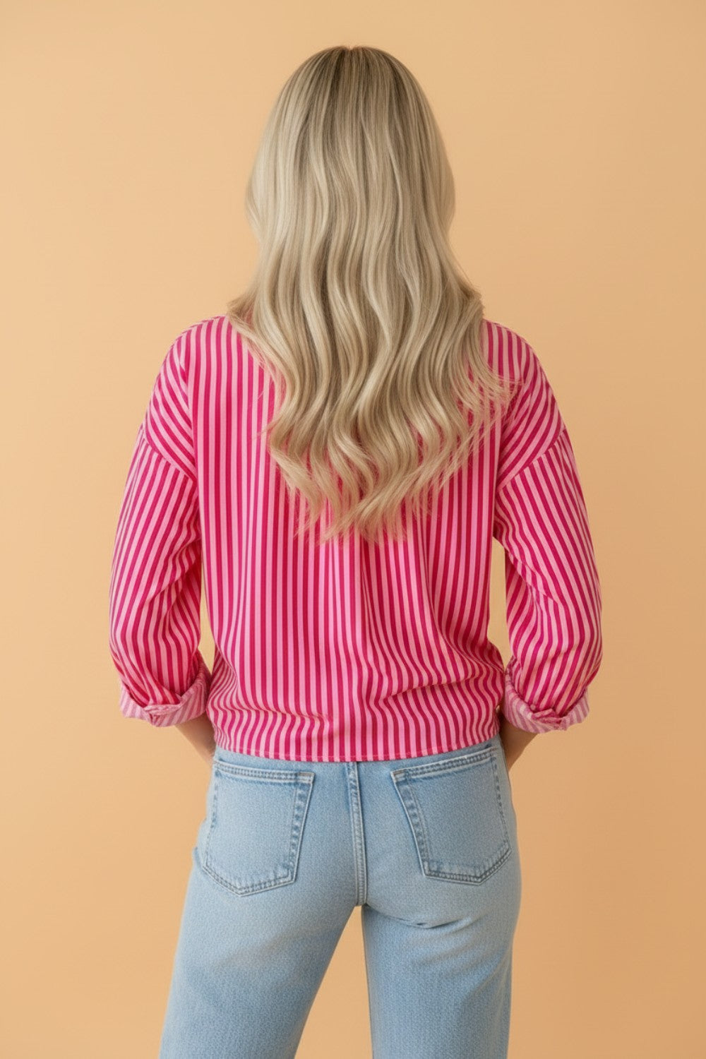 Stripe Patch Pocket Button-Up Long Sleeve Blouse