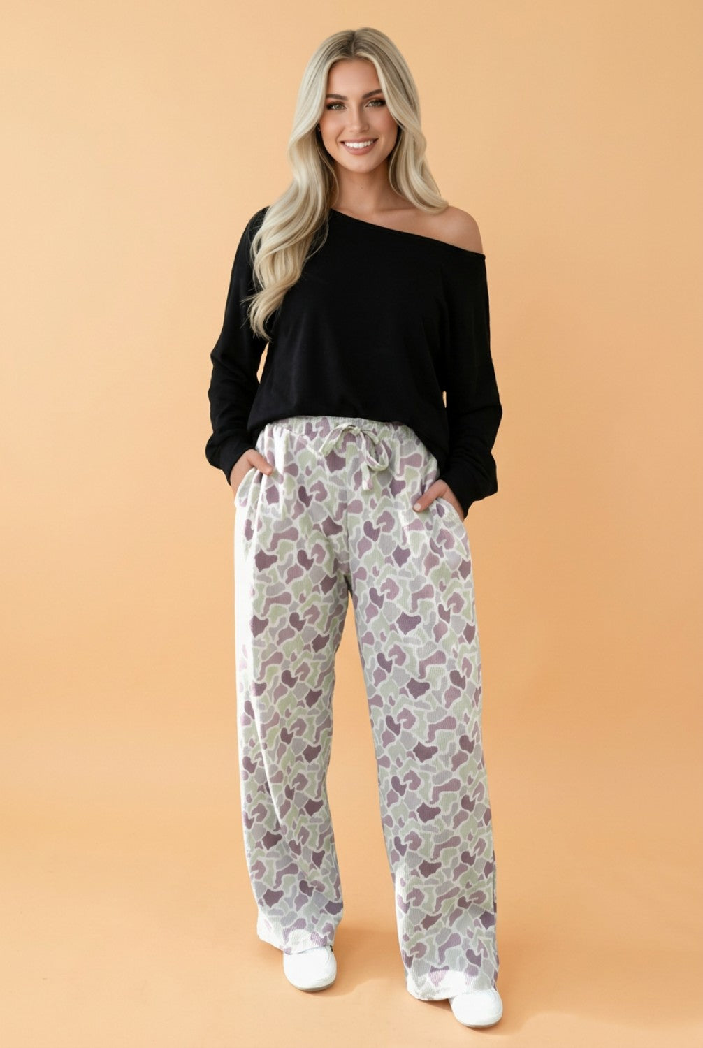 Camo Drawstring High Waist Wide Leg Pants