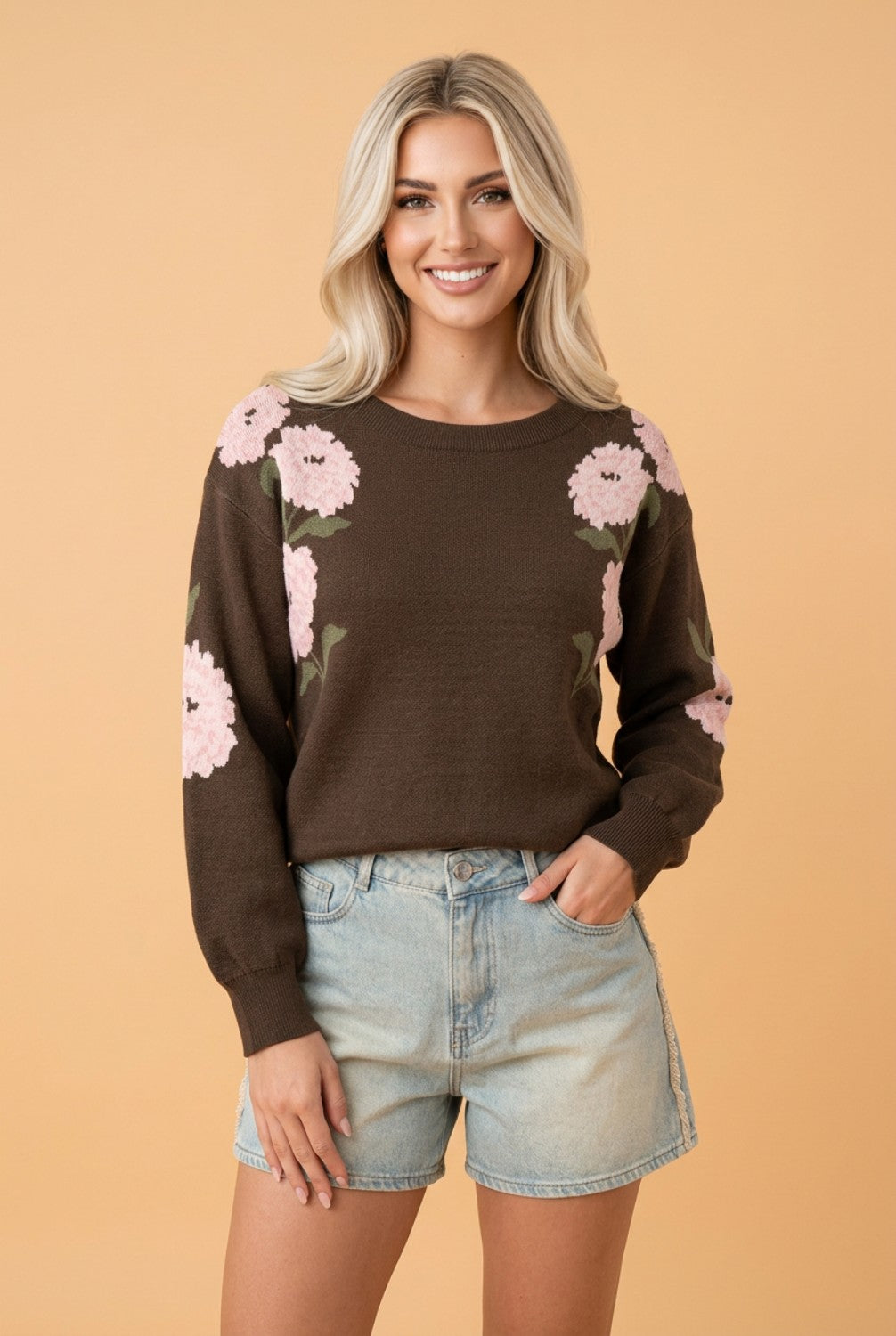 Floral Drop Shoulder Long Sleeve Pullover Sweater