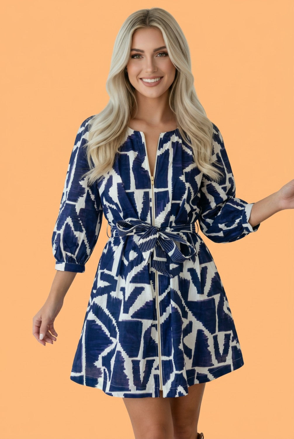 Abstract Geometric Zip Front Tie Waist Shift Dress