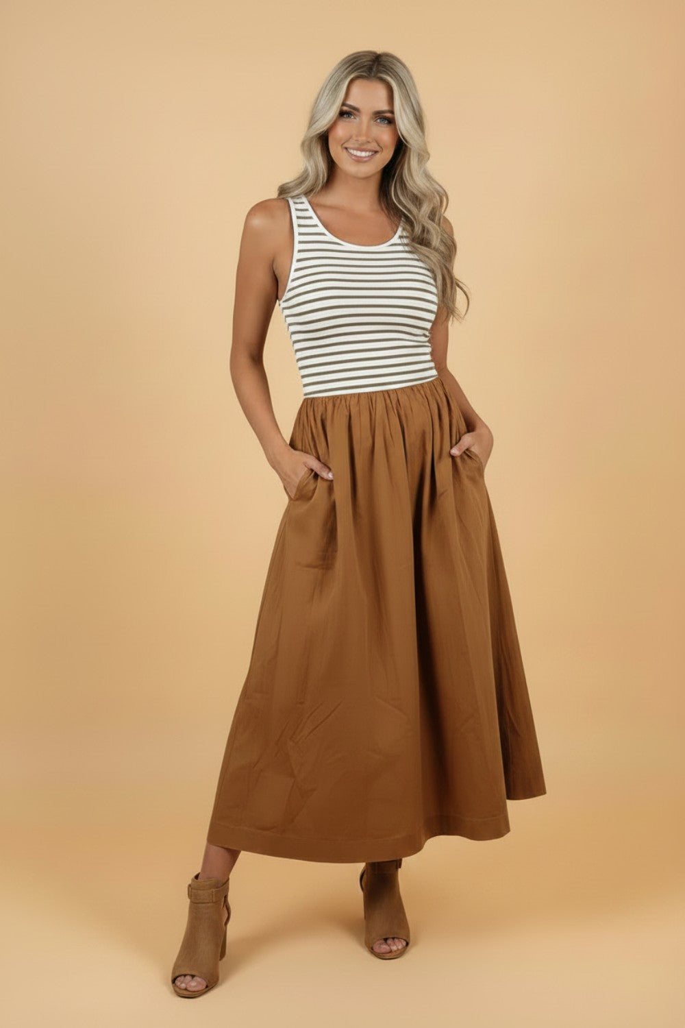 Stripe Colorblock Patchwork Sleeveless Long Dress