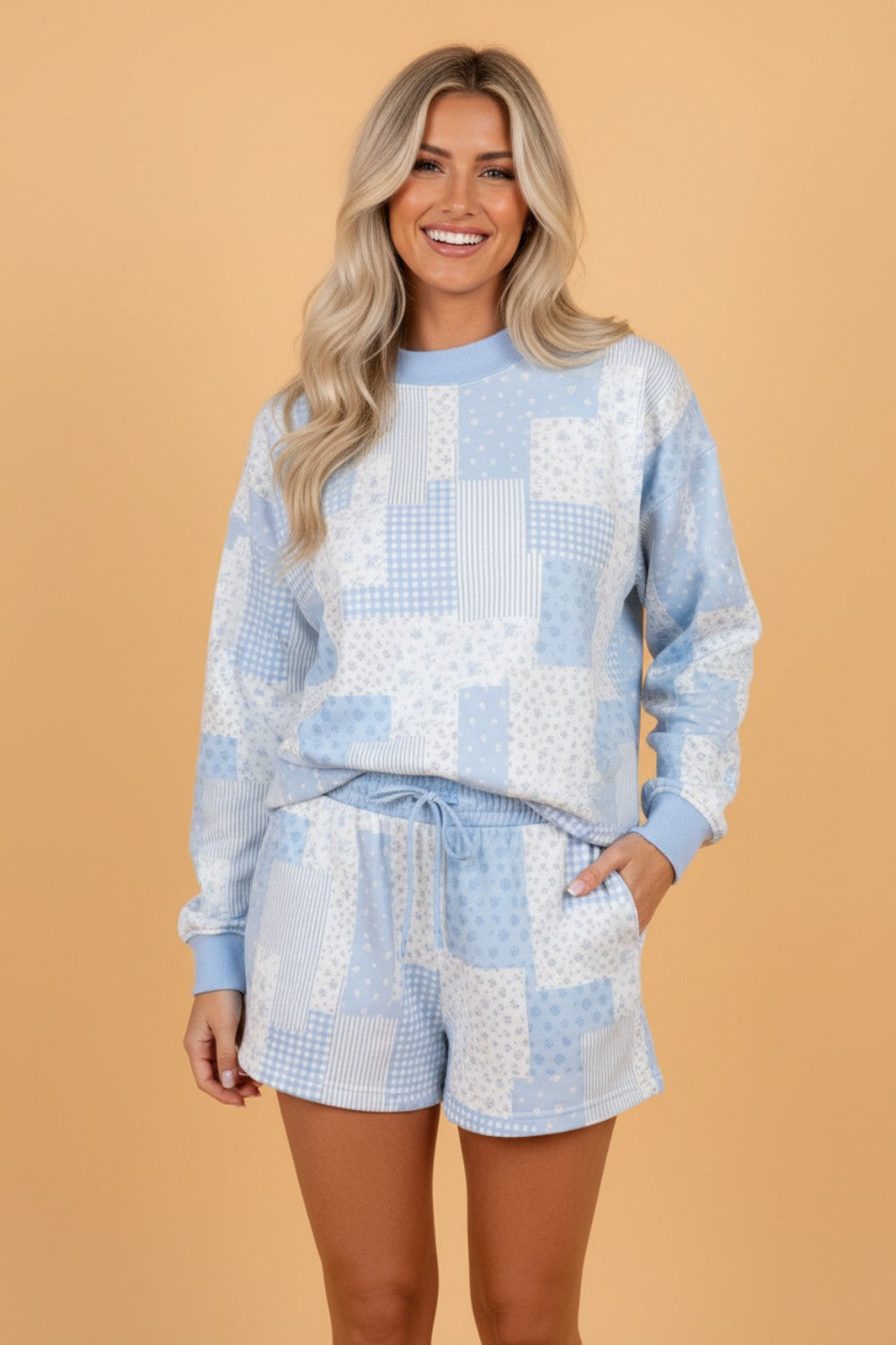 Floral Patchwork Pullover & Drawstring Shorts Set