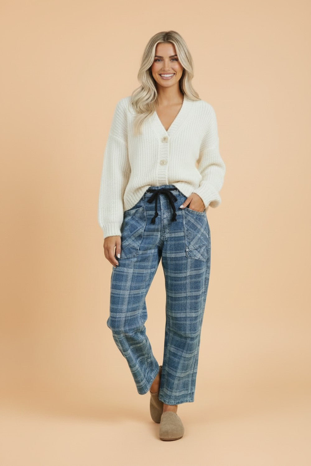 Denim Plaid Grommet Drawstring Waist Jeans