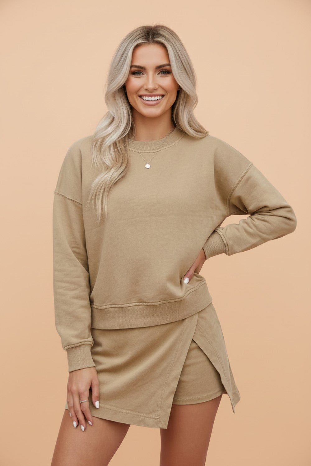 Solid Long Sleeve Top & Split Skort Set