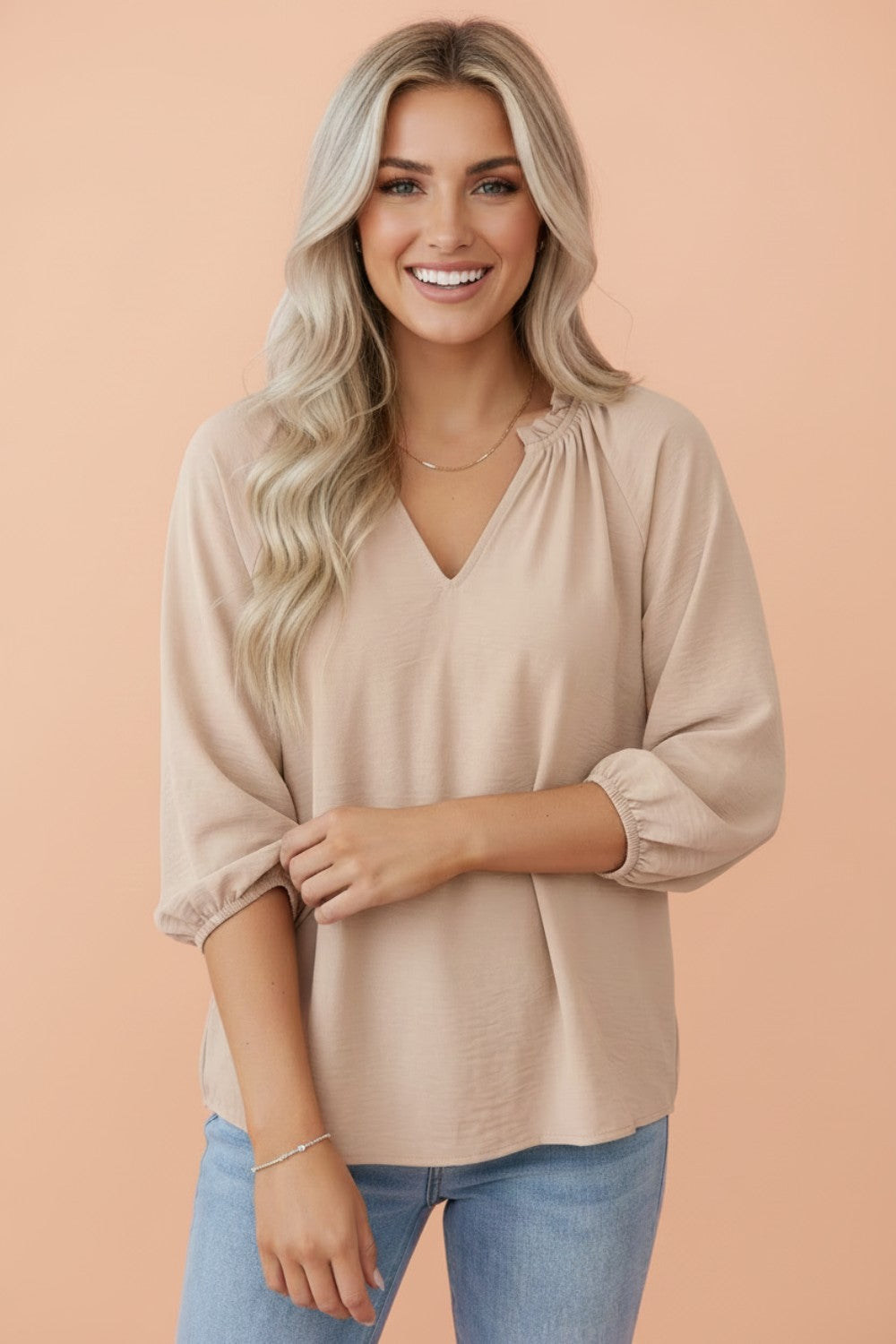 Solid Gathered Cuff 3/4 Sleeve V-Neck Blouse