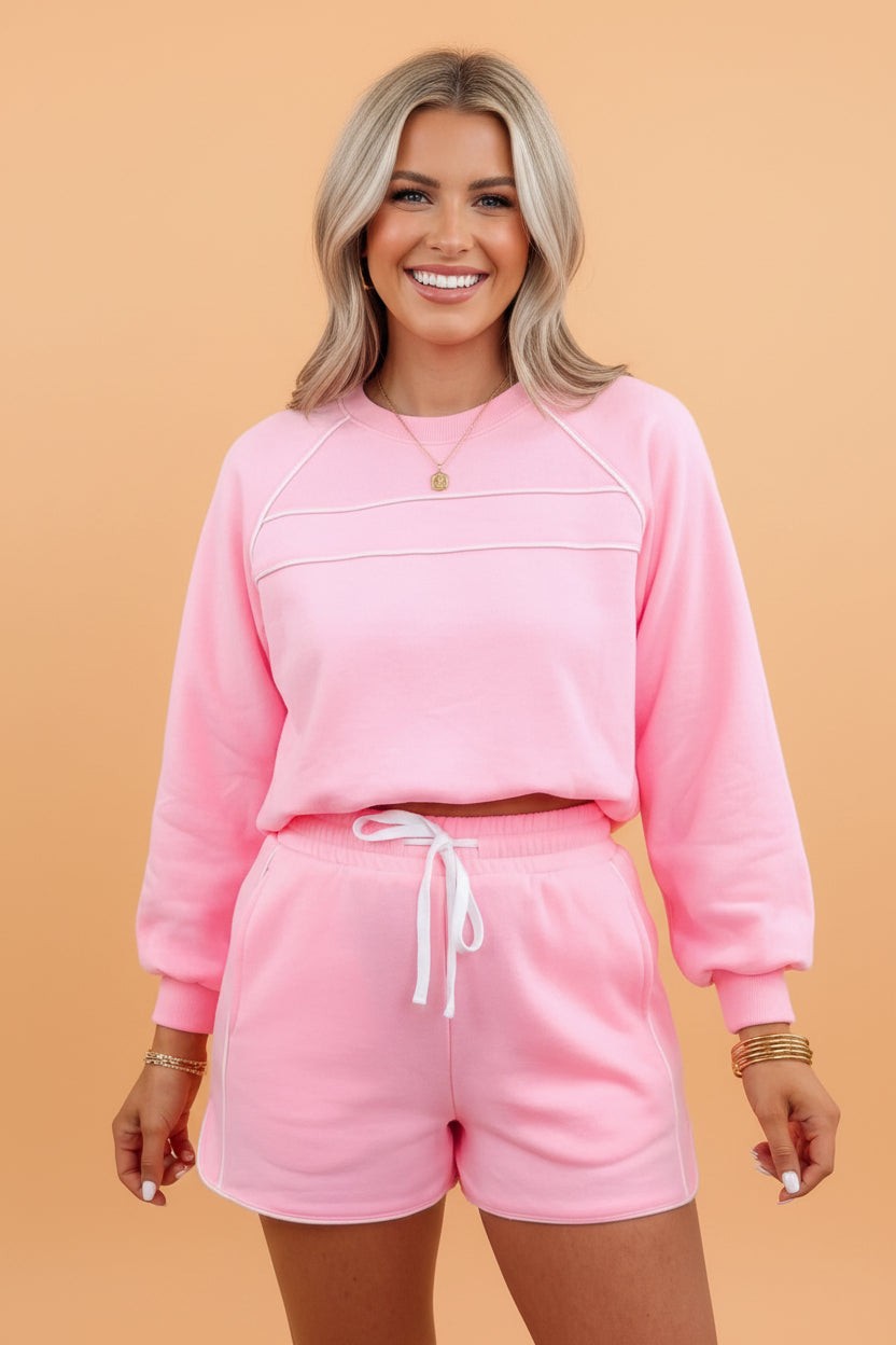 Contrast Trim Long Sleeve Pullover & Shorts Set