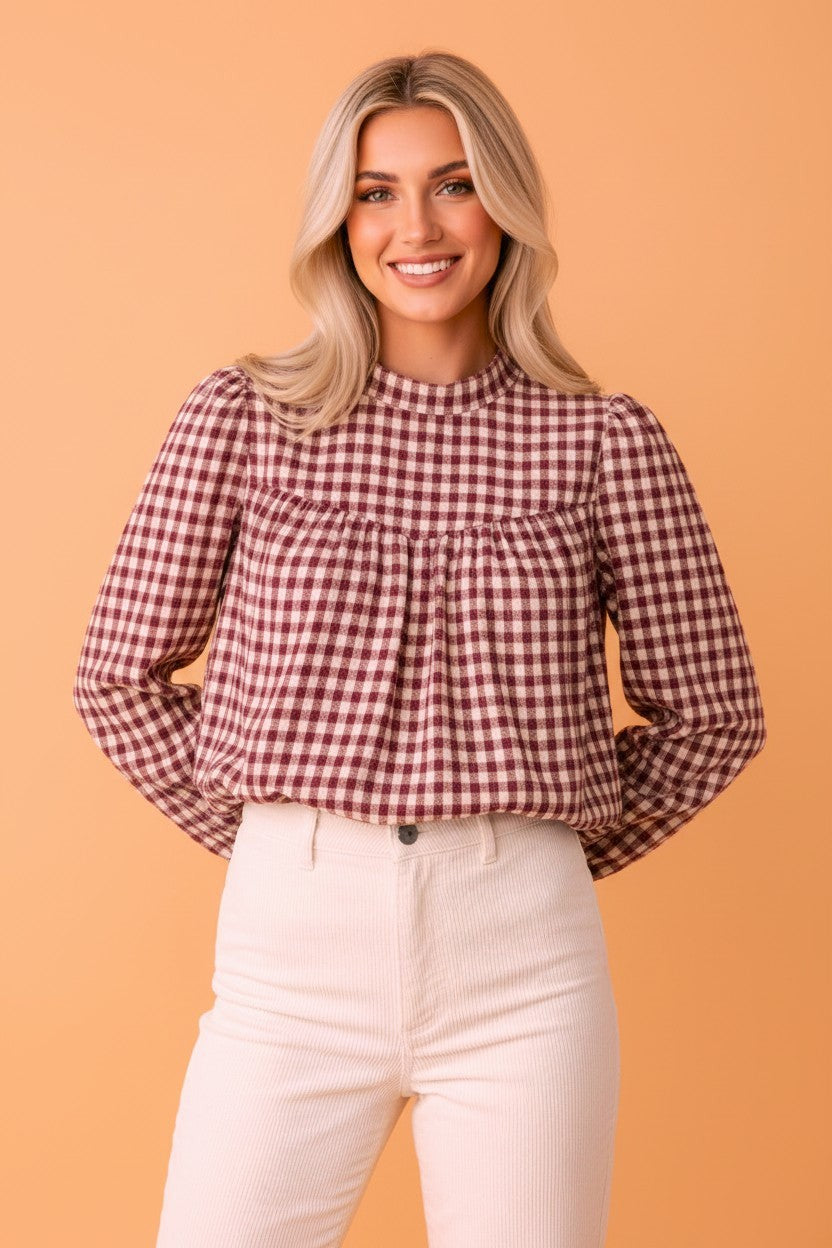 Plaid Button Keyhole Pleated Long Sleeve Blouse