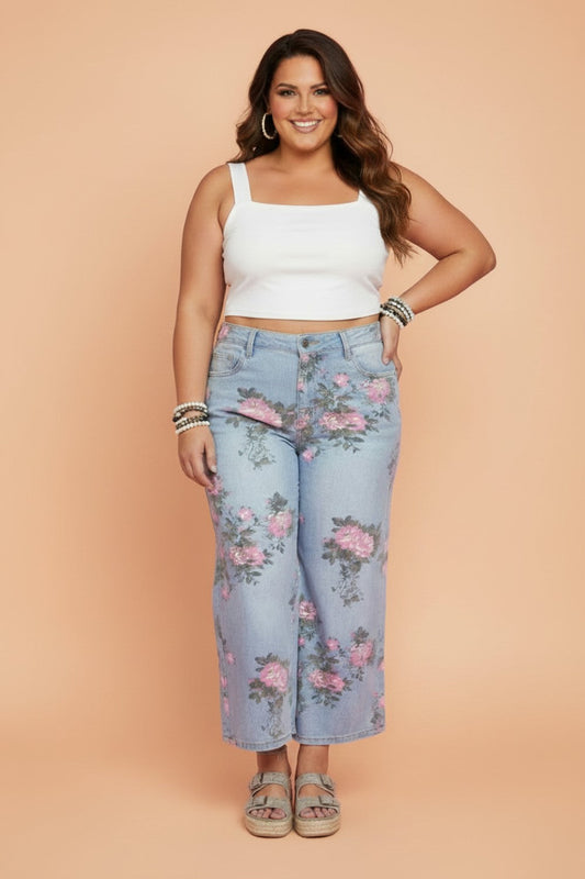 Plus Size Floral Ankle Length Loose Jeans