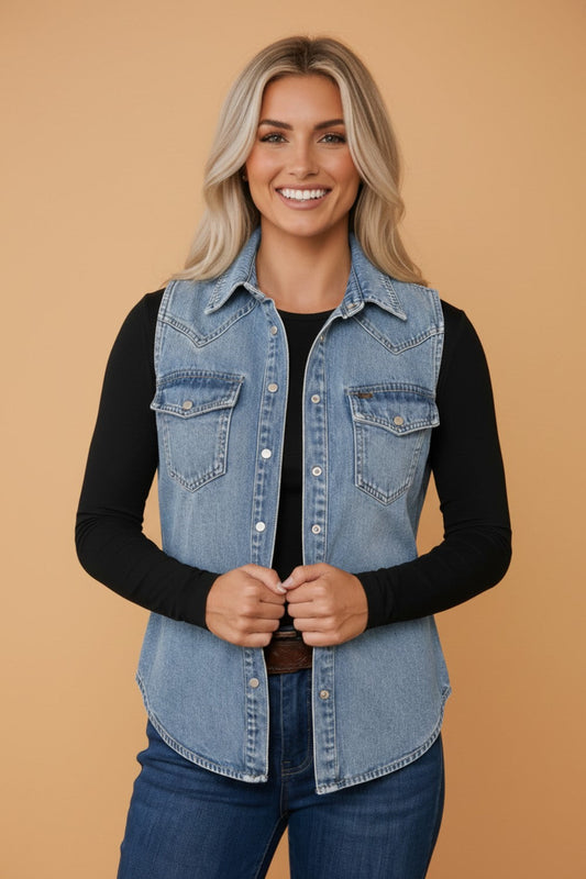 Western Solid Denim Buttoned Pocket Sleeveless Vest