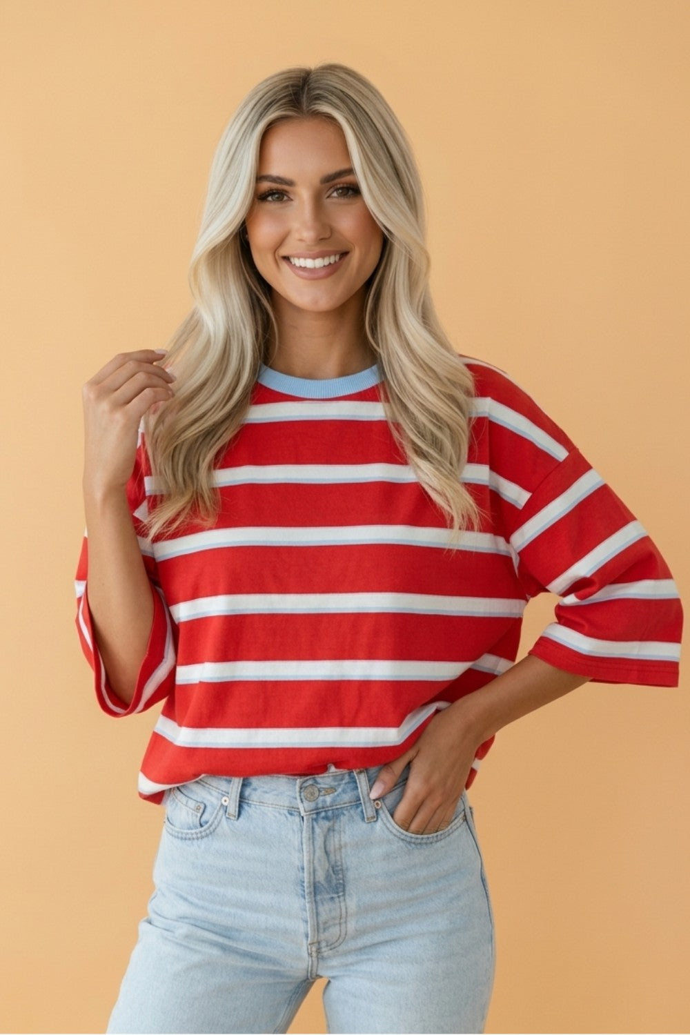Stripe Bow Tie Hollow Back 3/4 Sleeve T-Shirt