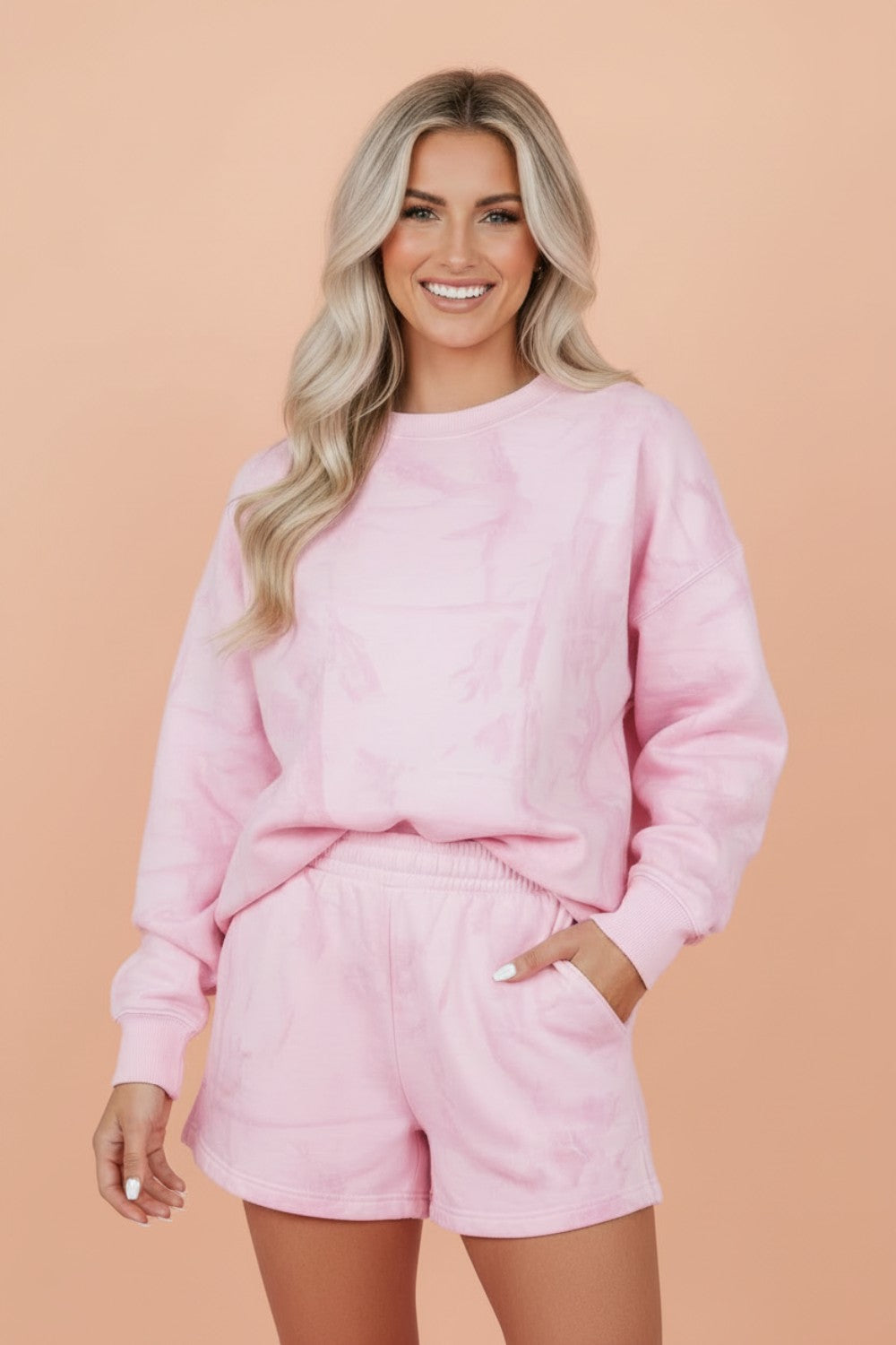 Abstract Ribbed Crew Neck Top & Elastic Waist Shorts Set