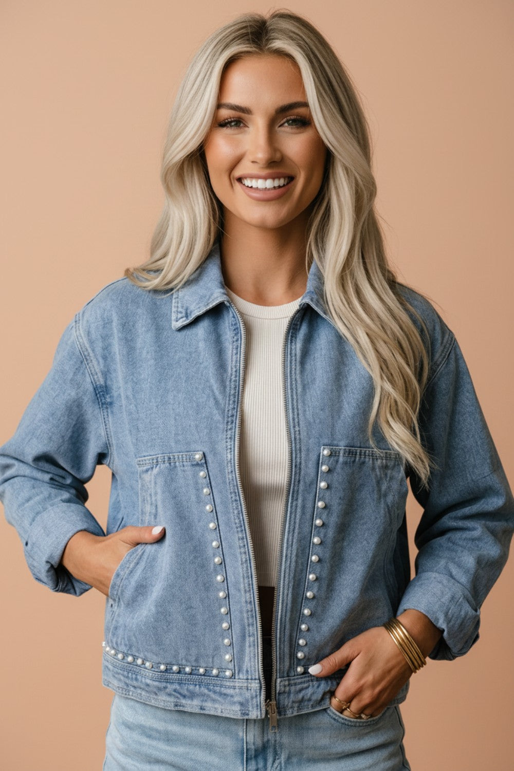 Denim Studded Pockets Zip-Up Long Sleeve Jacket