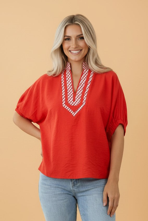 Gingham Collared V-Neck Short Sleeve Tunic Blouse