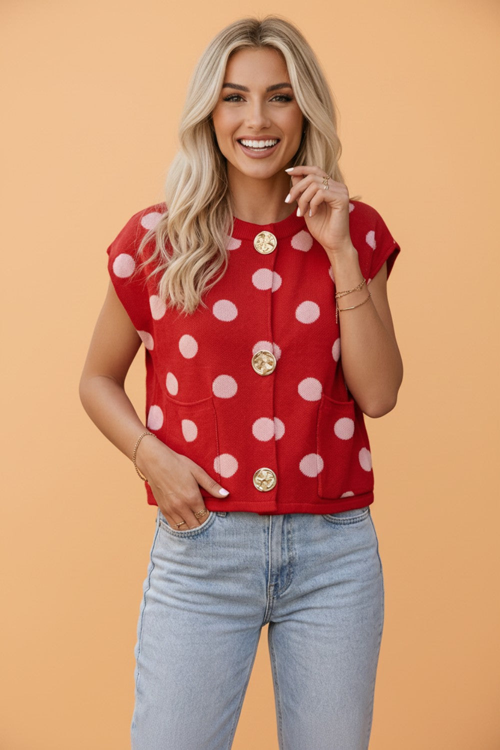 Polka Dot Drop Shoulder Buttoned Knit Vest