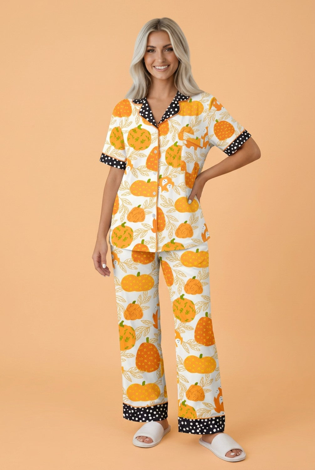 Pumpkin Polka Dot Trim Top & Pants Lounge Set