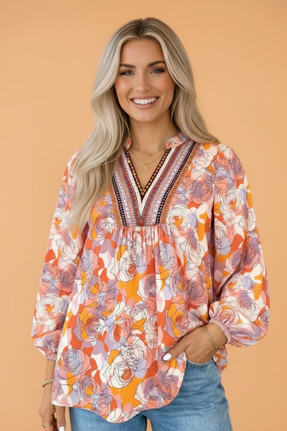 Floral Stripe V-Neck Long Sleeve Blouse