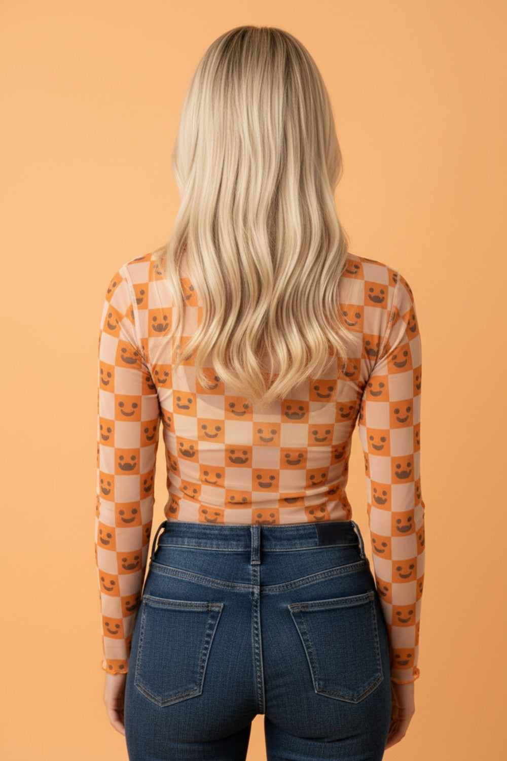 Halloween Checker Mock Neck Long Sleeve Blouse