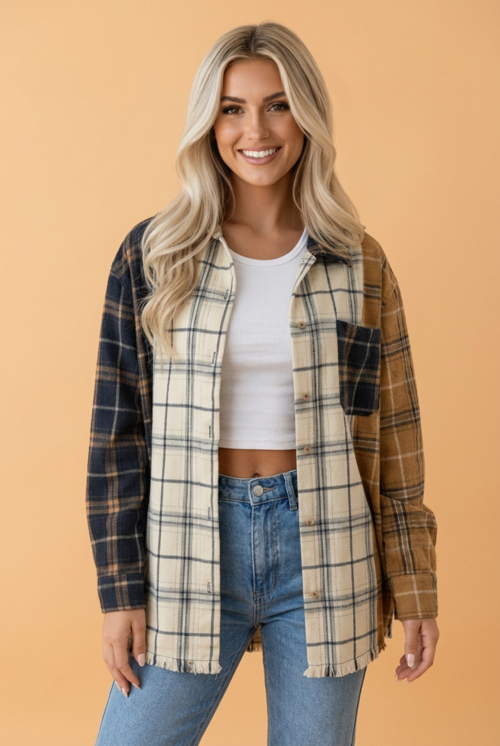 Plaid Colorblock Long Sleeve Buttoned Shacket
