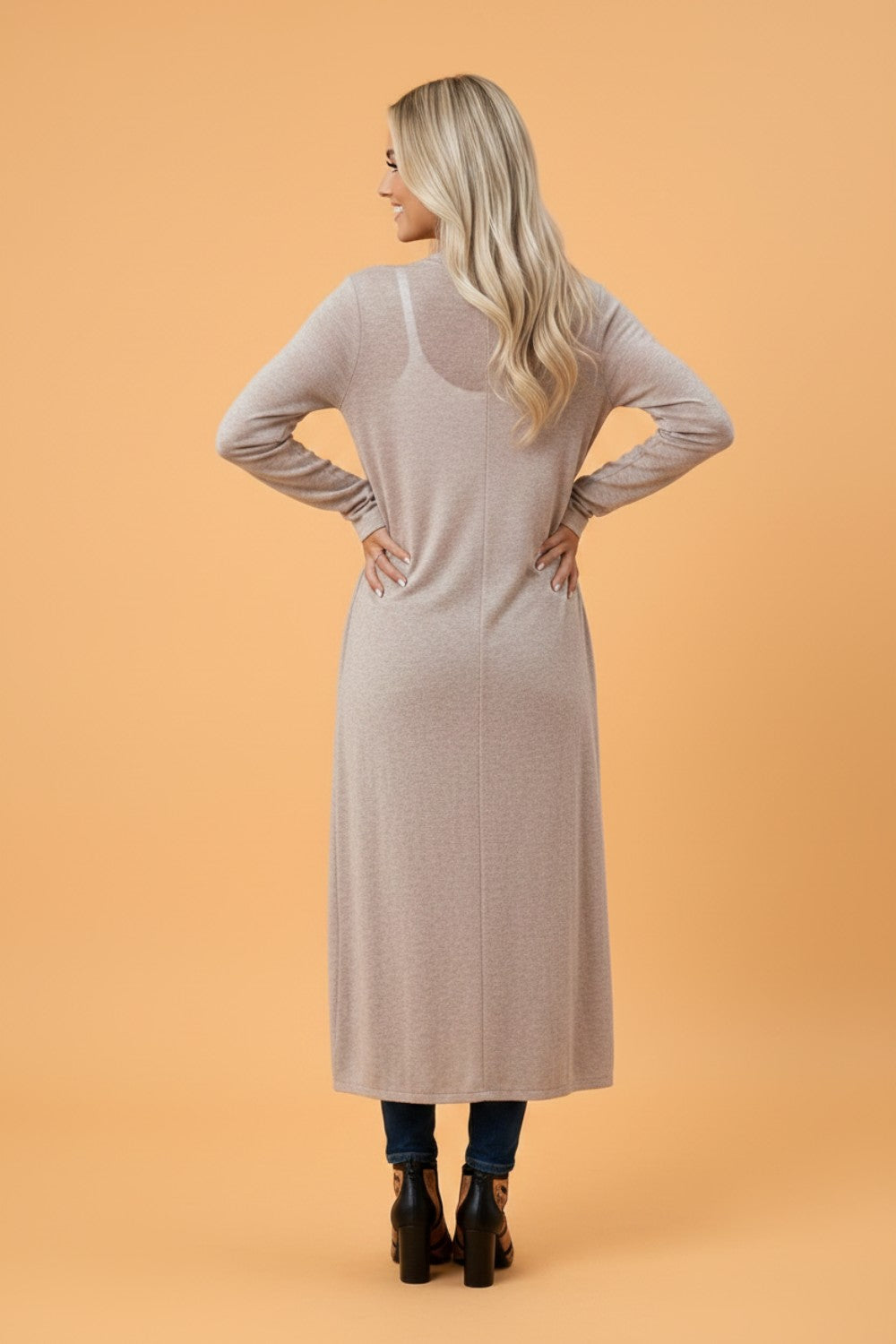 Solid Long Sleeve Open Front Tunic Cardigan