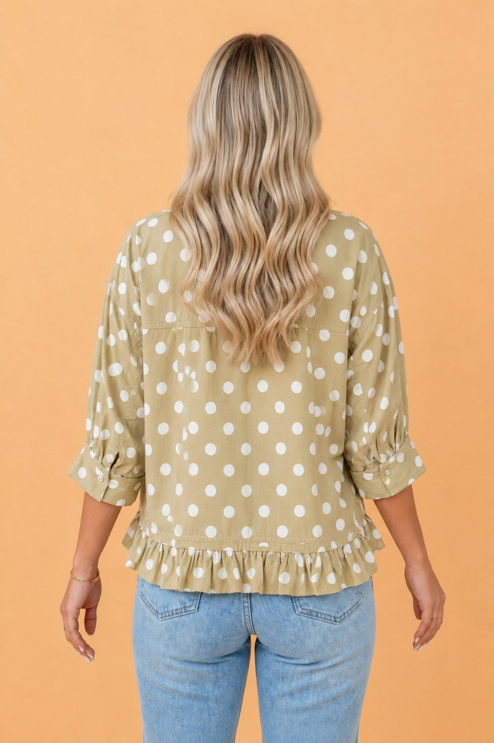 Polka Dot 3/4 Sleeve Ruffle Hem Shirt