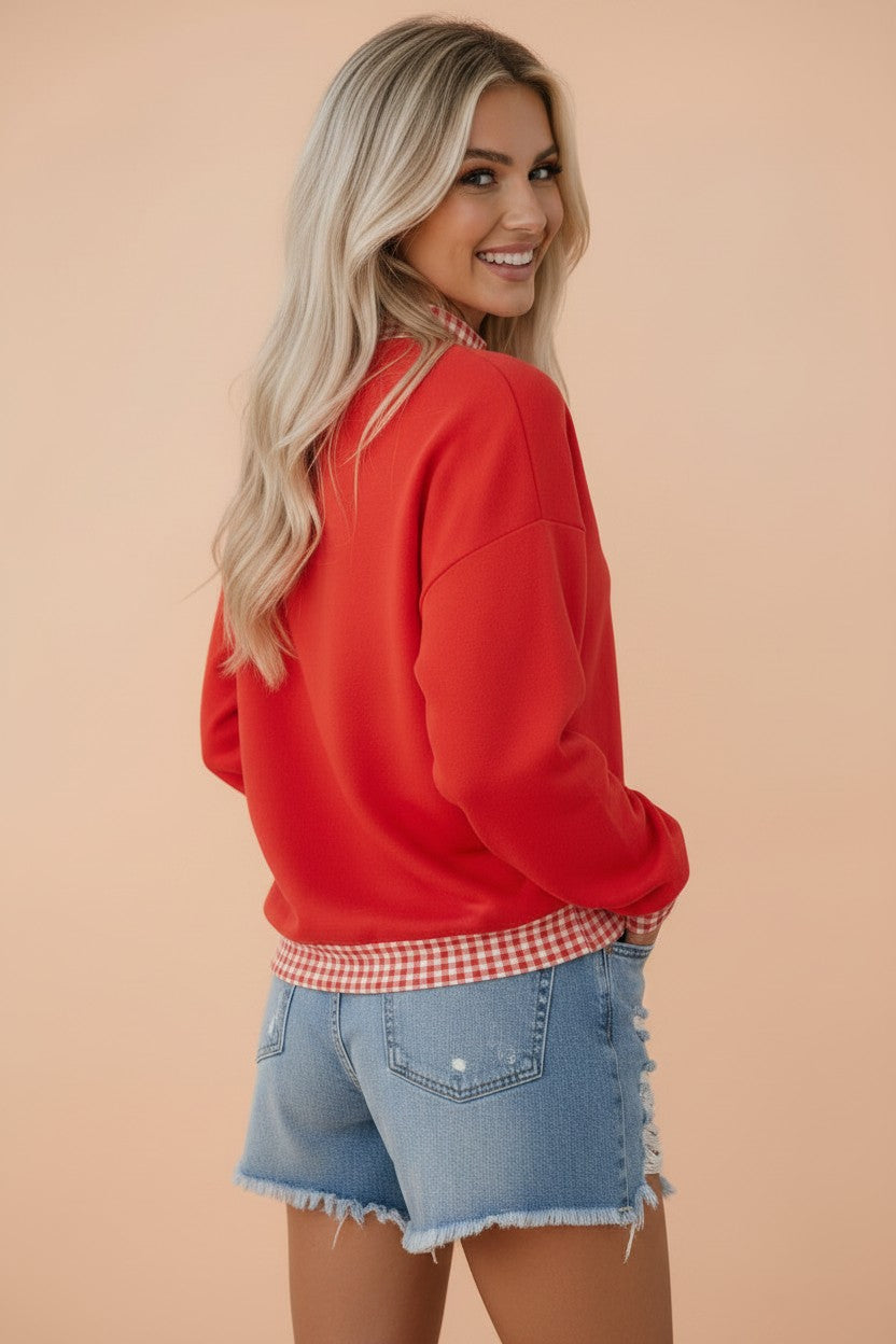 Gingham Contrast Trim Long Sleeve Sweatshirt