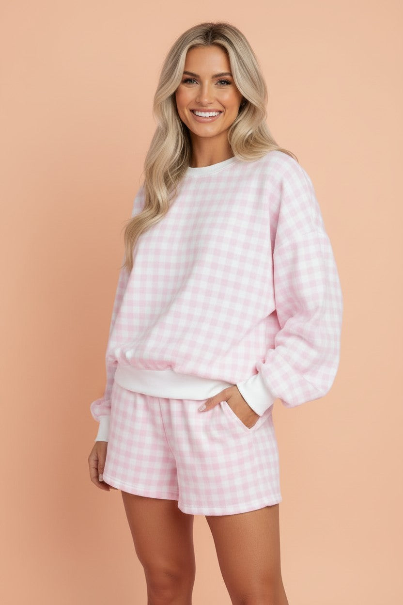 Gingham Contrast Trim Pullover Top & Shorts Set