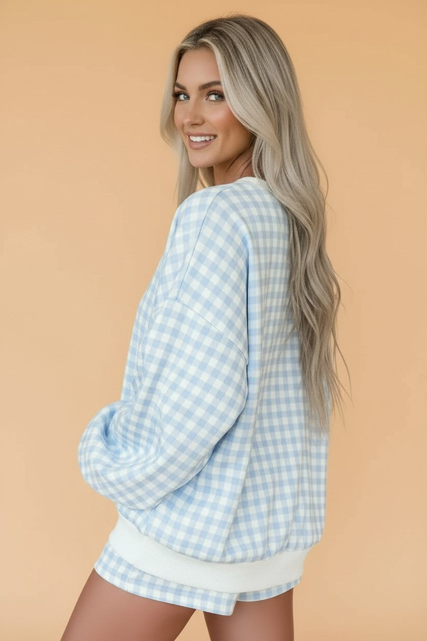 Gingham Contrast Trim Pullover Top & Shorts Set