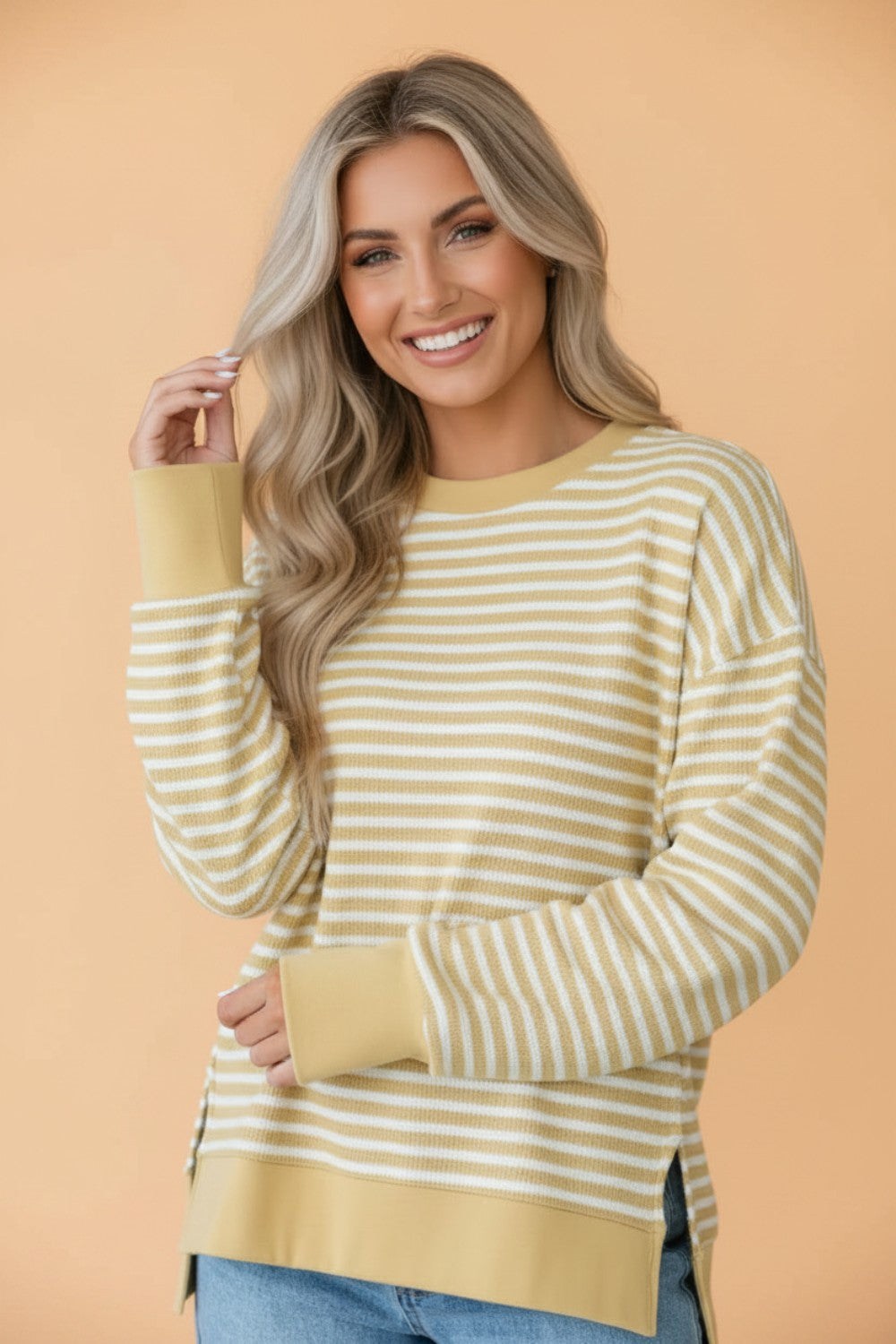 Stripe Textured Knit Contrast Trim Long Sleeve Top