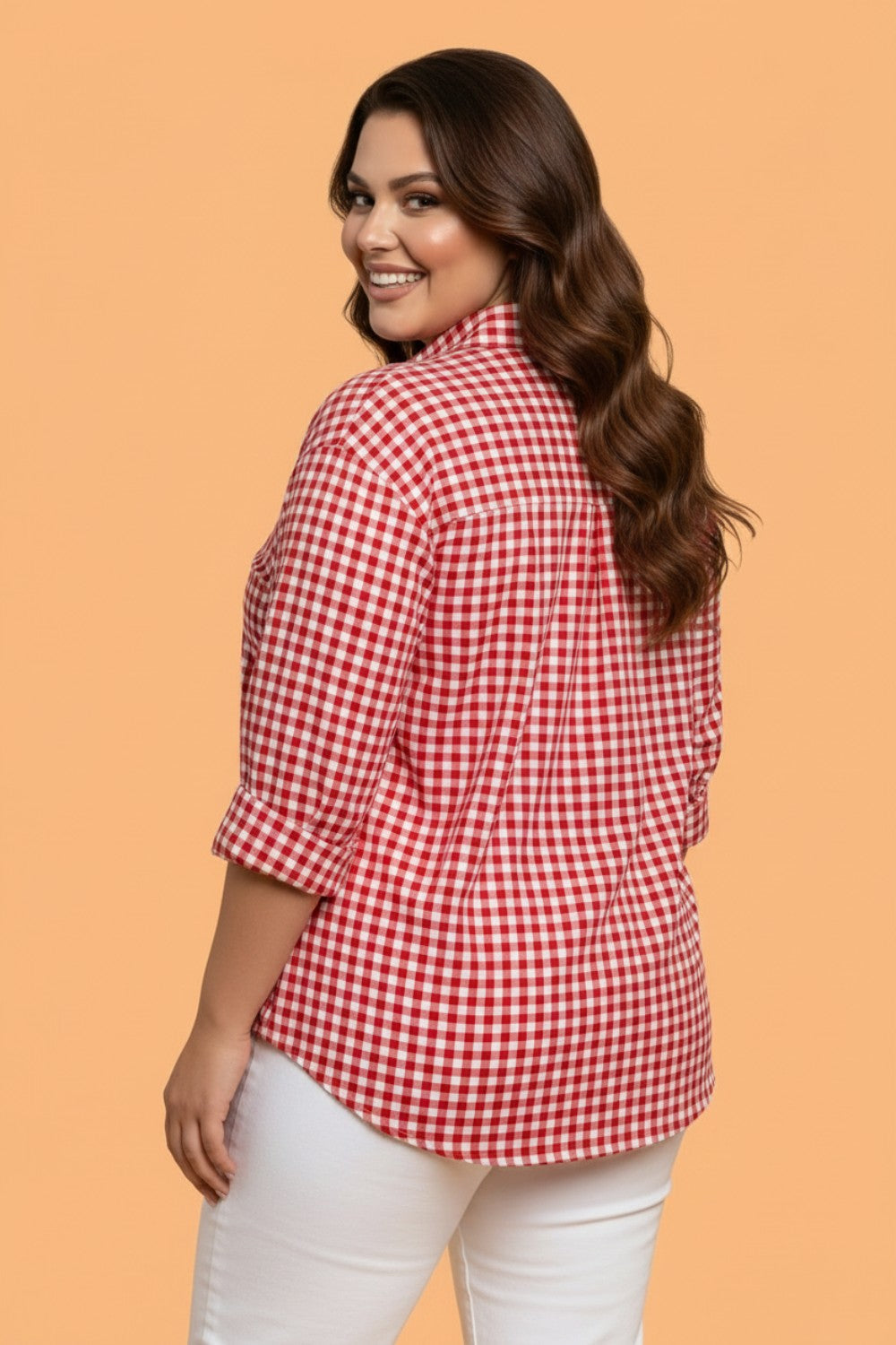 Plus Size Gingham V-Neck Long Sleeve Tunic Shirt
