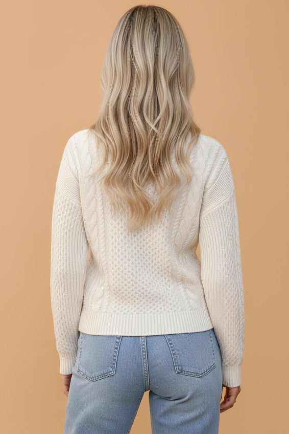 Solid Cable Knit Round Neck Long Sleeve Sweater