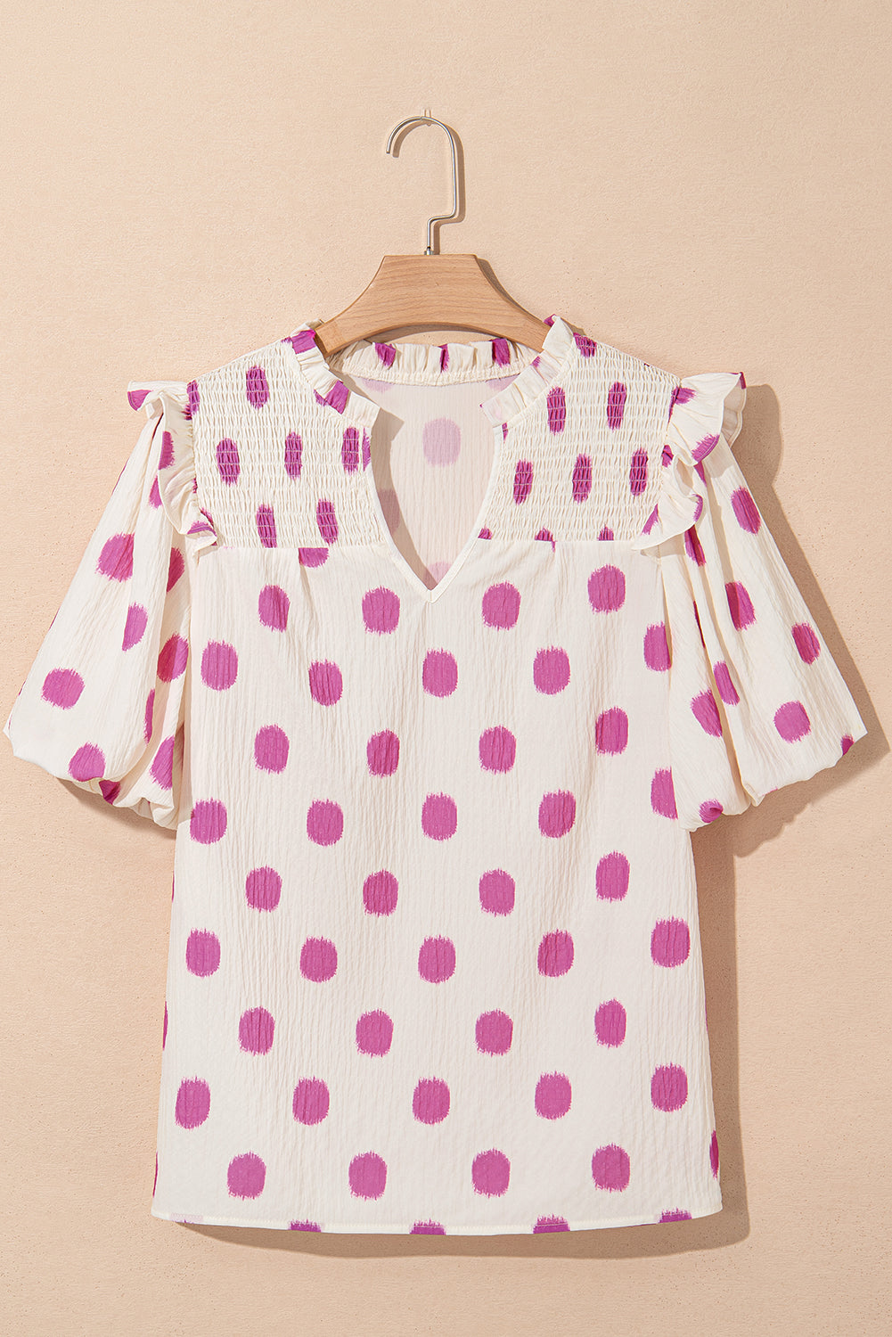 Notched Neck Shirred Yoke Balloon Sleeve Blouse