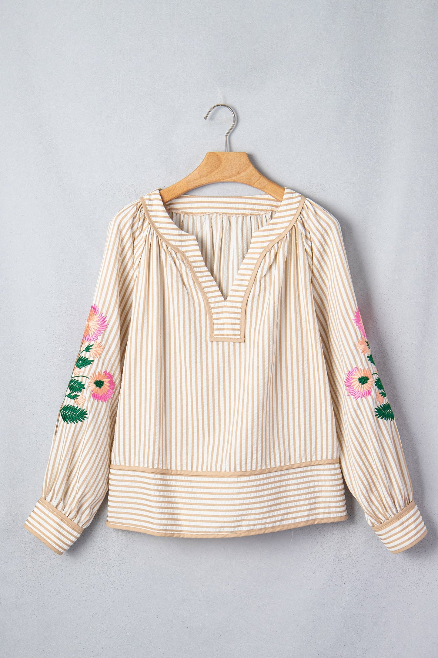 Floral Embroidered Stripe V-Neck Long Sleeve Blouse