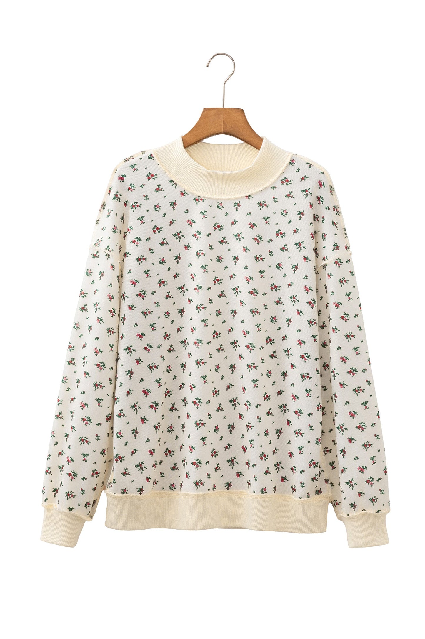 Floral Ribbed High Neck Exposed Hem Baggy Sweatshirt