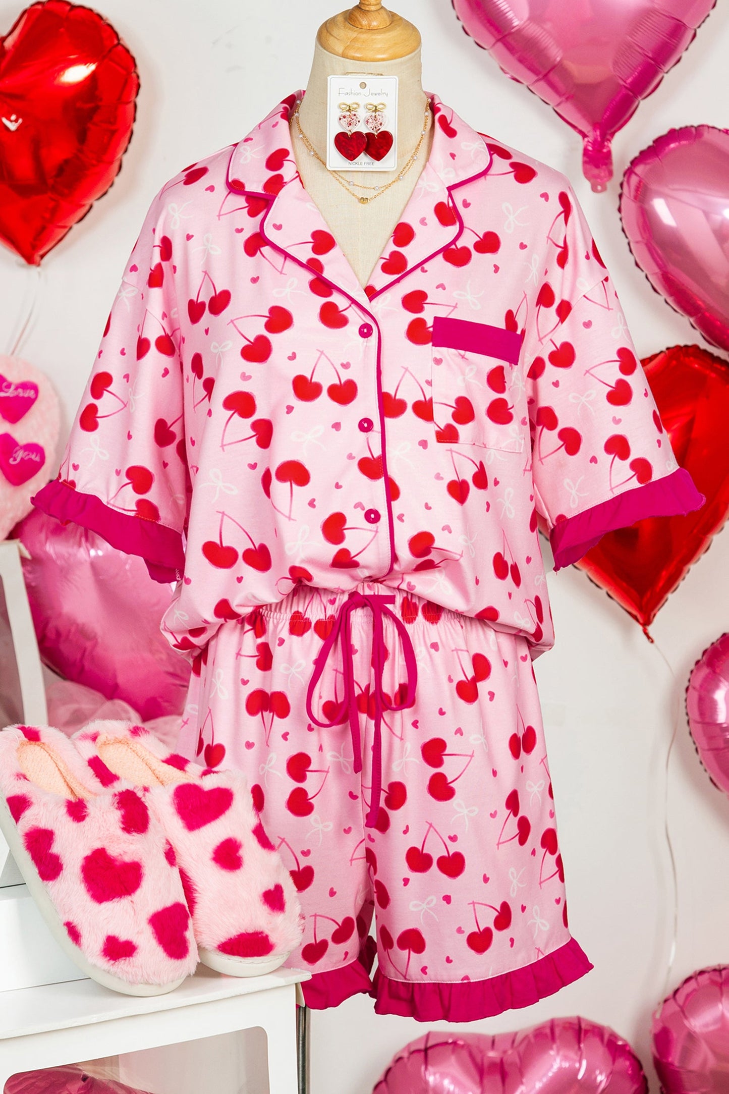 Cherry Bow Tie Top and Shorts Pajama Set
