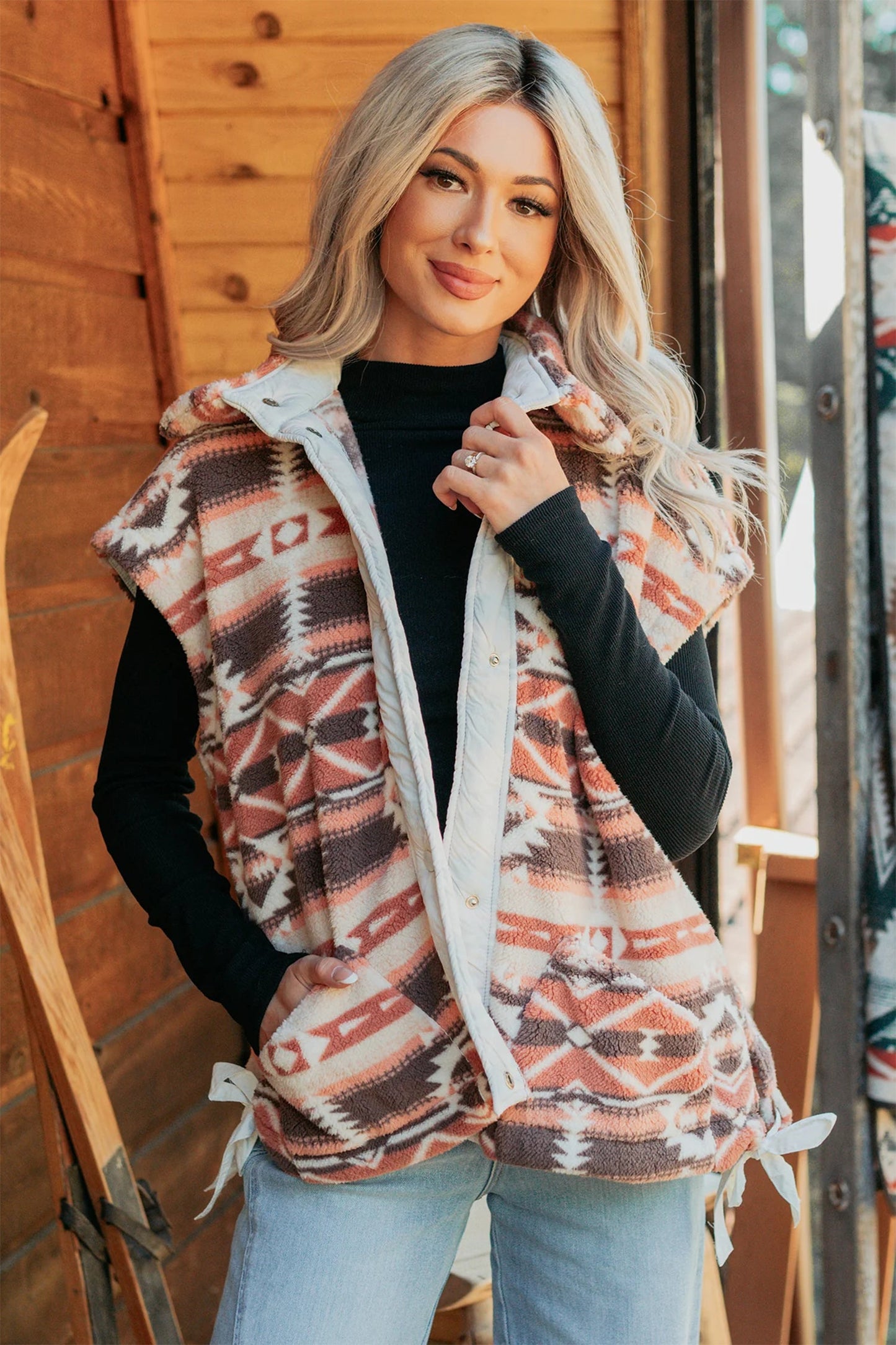 Aztec Fleece Buttoned Placket Side Tie Vest