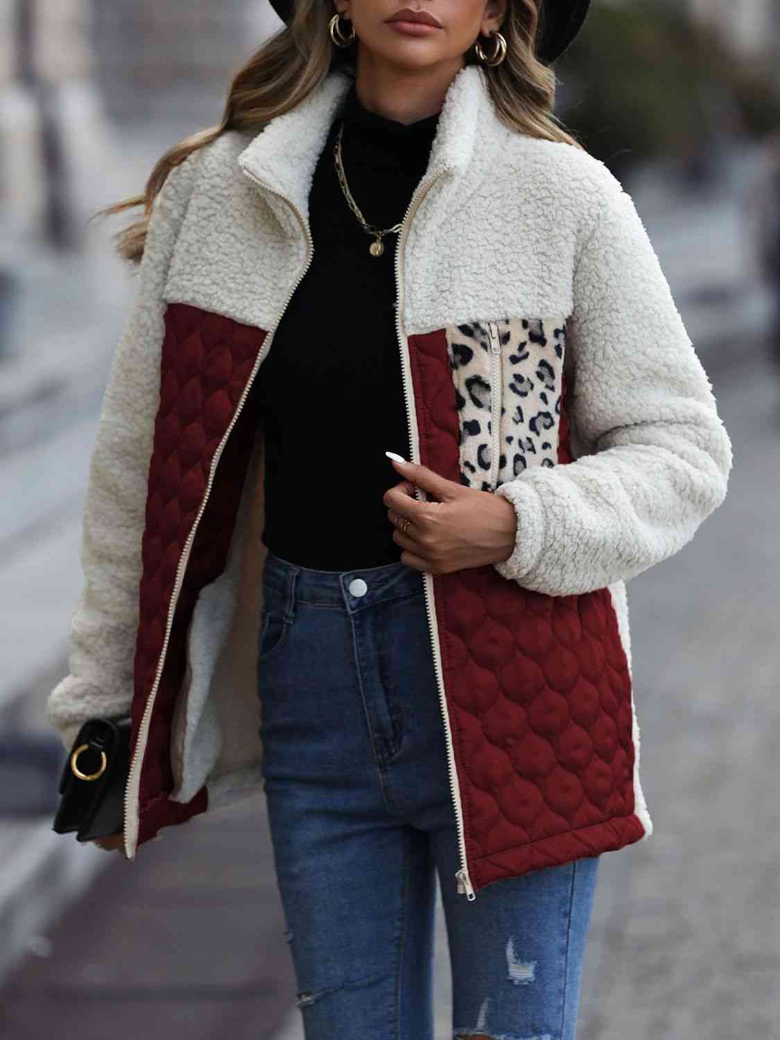 Women Leopard Color Block Zip-Up Jacket