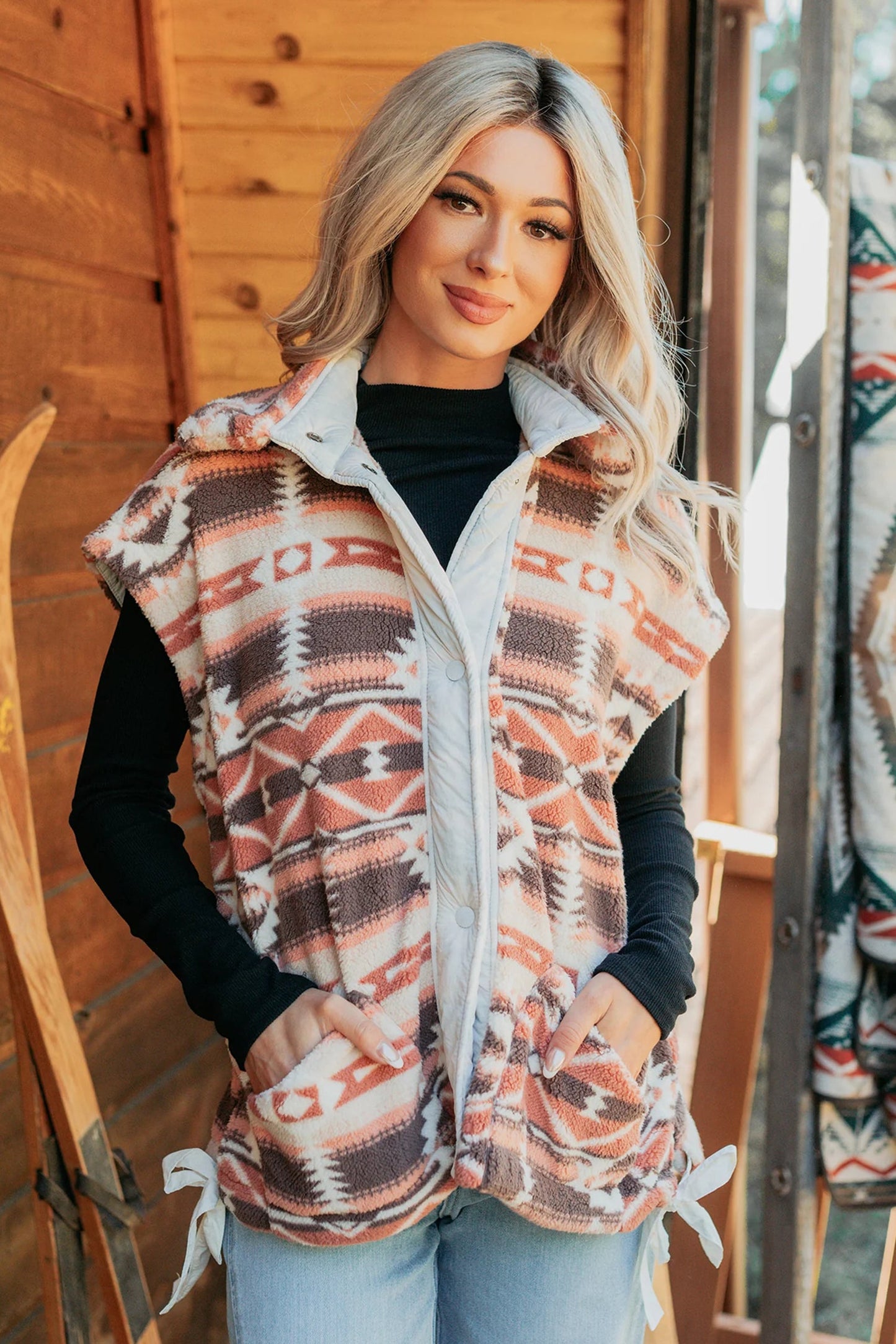 Aztec Fleece Buttoned Placket Side Tie Vest