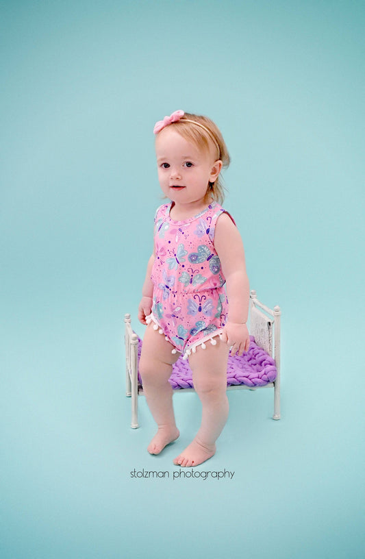 Pink Pastel Butterfly Milk Silk Pom Pom Romper