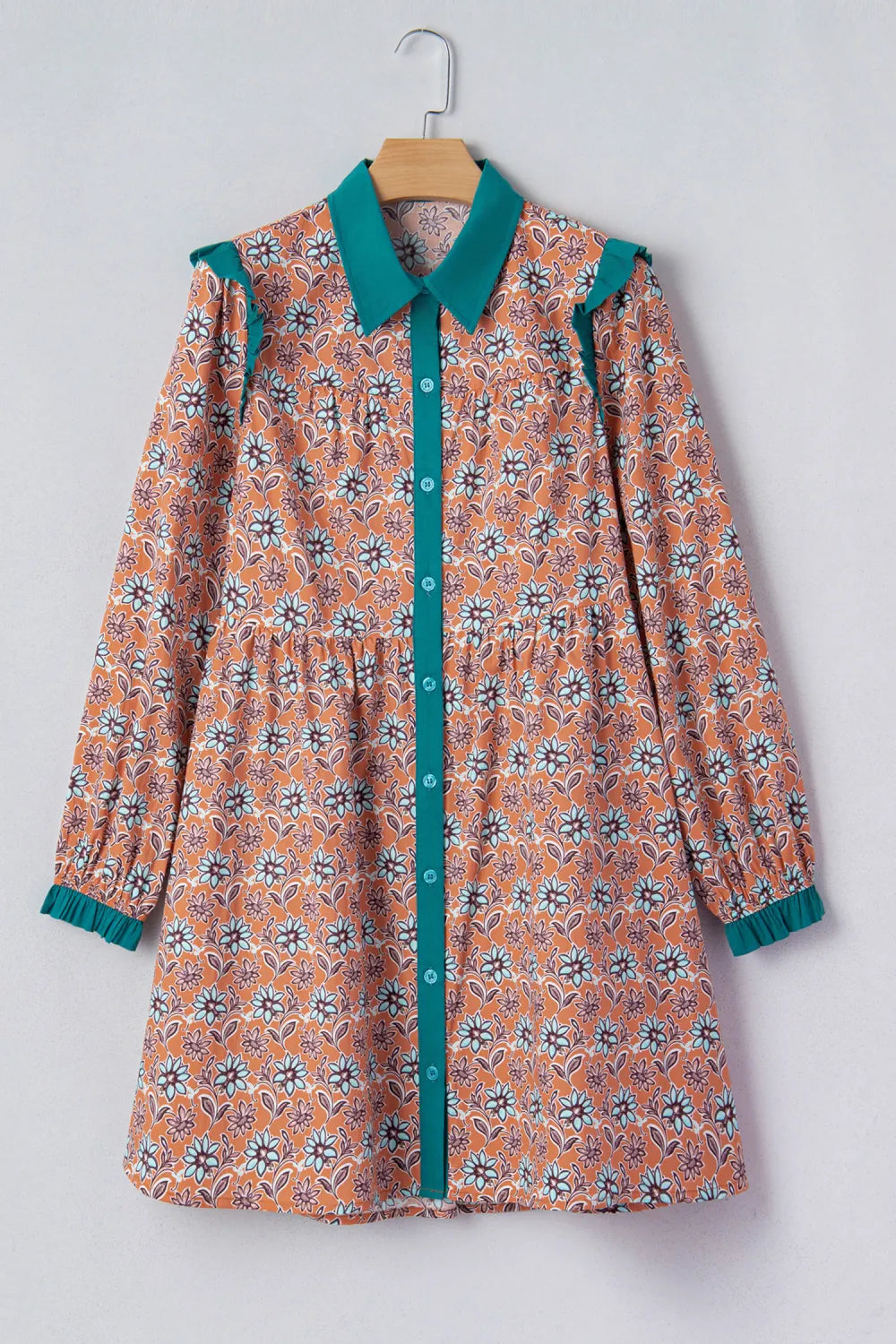 Floral Boho Contrast Collar Mini Shirt Dress