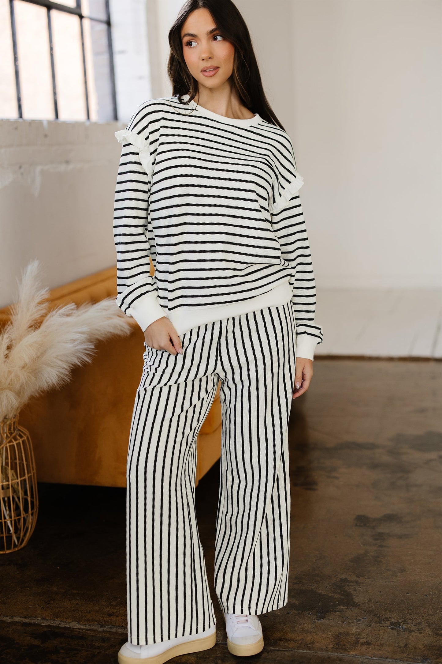 Ruffle Trim Drop Shoulder and Loose Pants Set