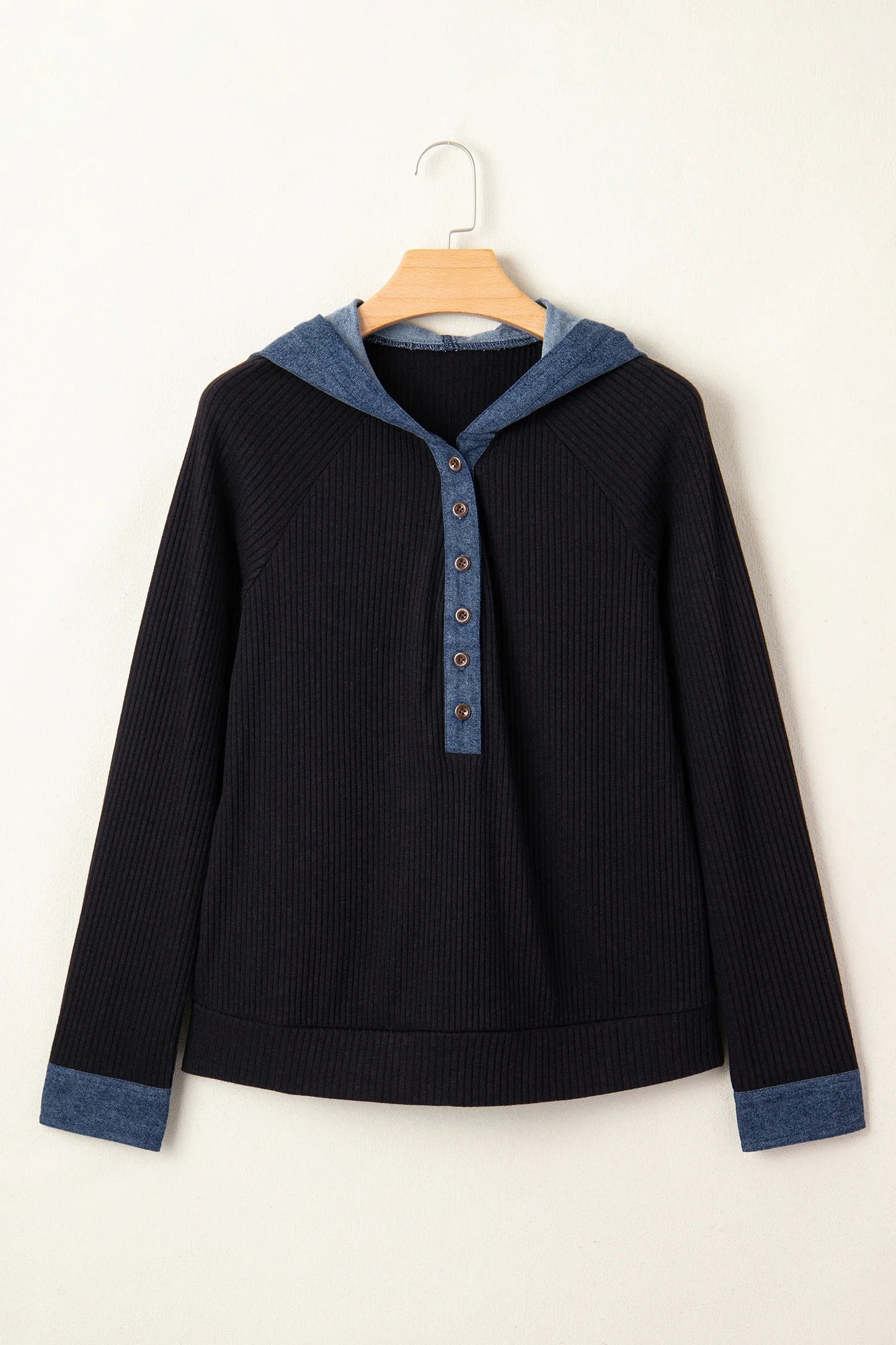 Ribbed Knit Contrast Denim Patchwork Hooded Top
