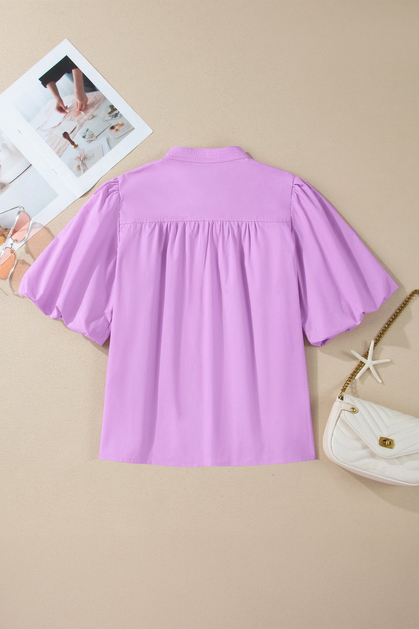 Solid Stitched V-Neck Short Puff Sleeve Blouse