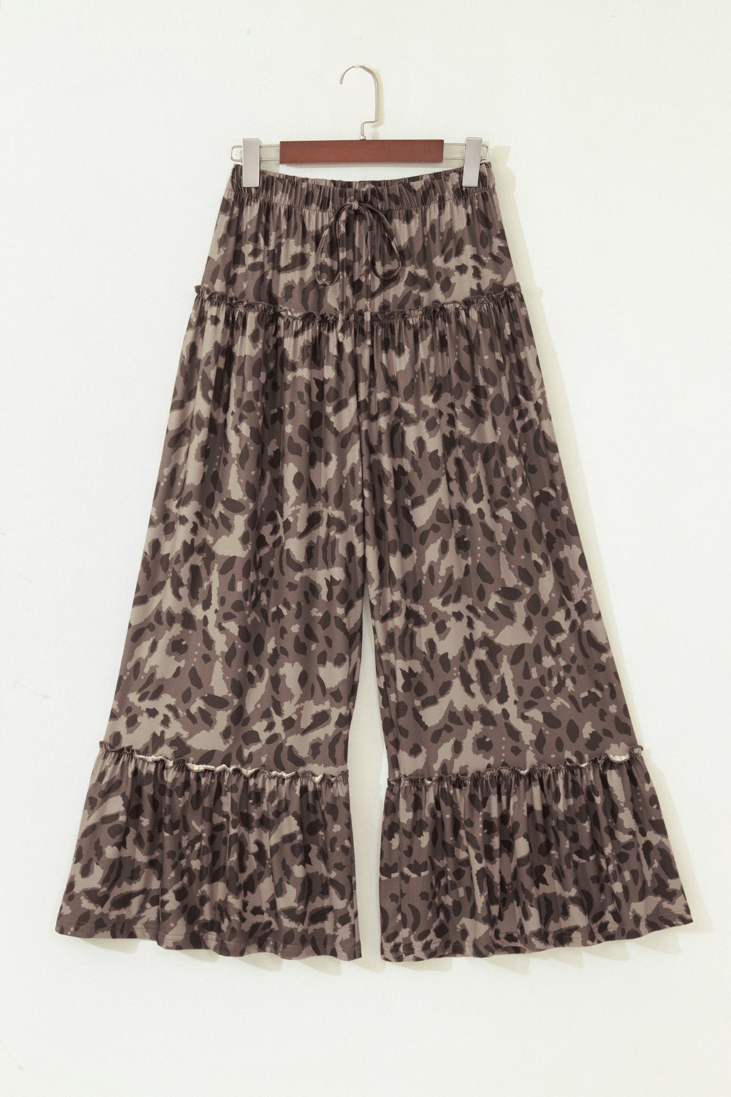 Abstract Leopard Ruffle Tiered Wide Leg Pants