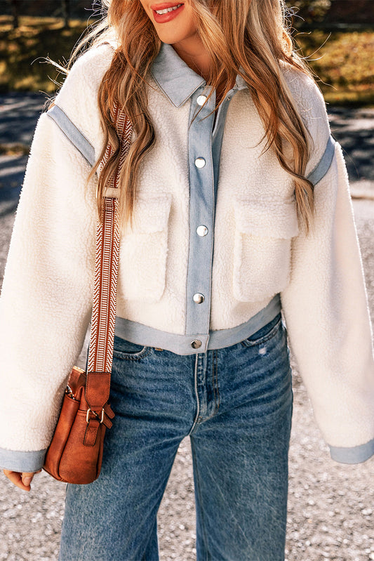 Solid Contrast Trim Buttoned Sherpa Jacket