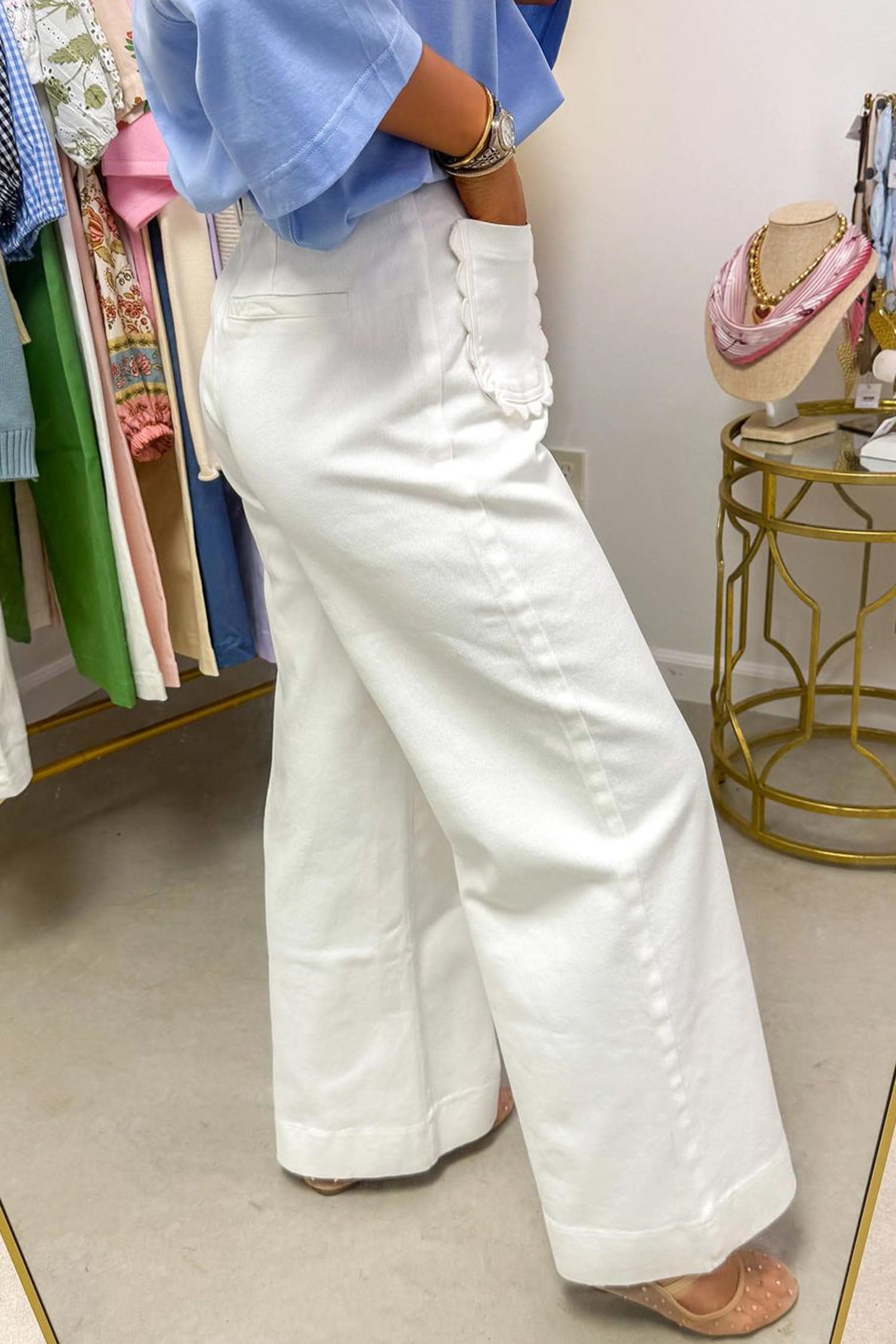 Solid Denim Scalloped Patch Pocket Shift Jeans